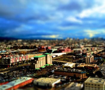 Image of Emeryville CA in the style of a miniature model to illustrate East Bay communities