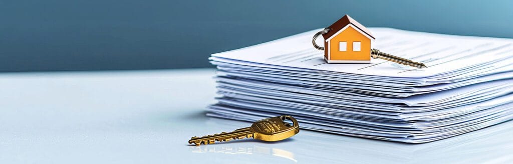Image of a miniature house on a stack of contracts with a house key representing East Bay buyer agent services