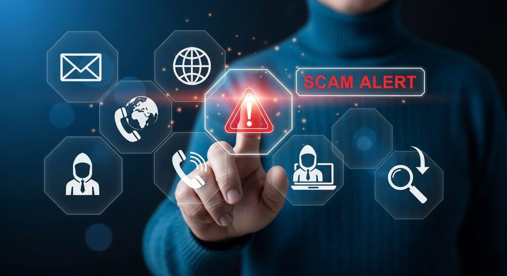 Image of a person touching scam alert icon surrounded by digital icons