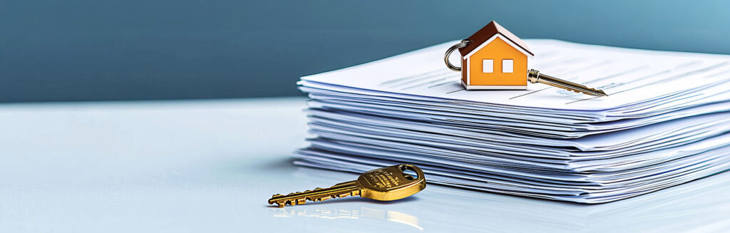 Image of a miniature house on a stack of contracts with a house key representing East Bay buyer agent services
