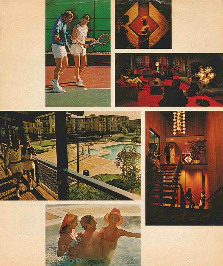 Various images of amenities and people at Watergate Emeryville from the late 1970s