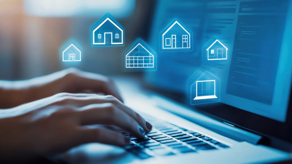 Image of woman using a laptop with floating house icons representing a search for an East Bay Buyer Agent and homes