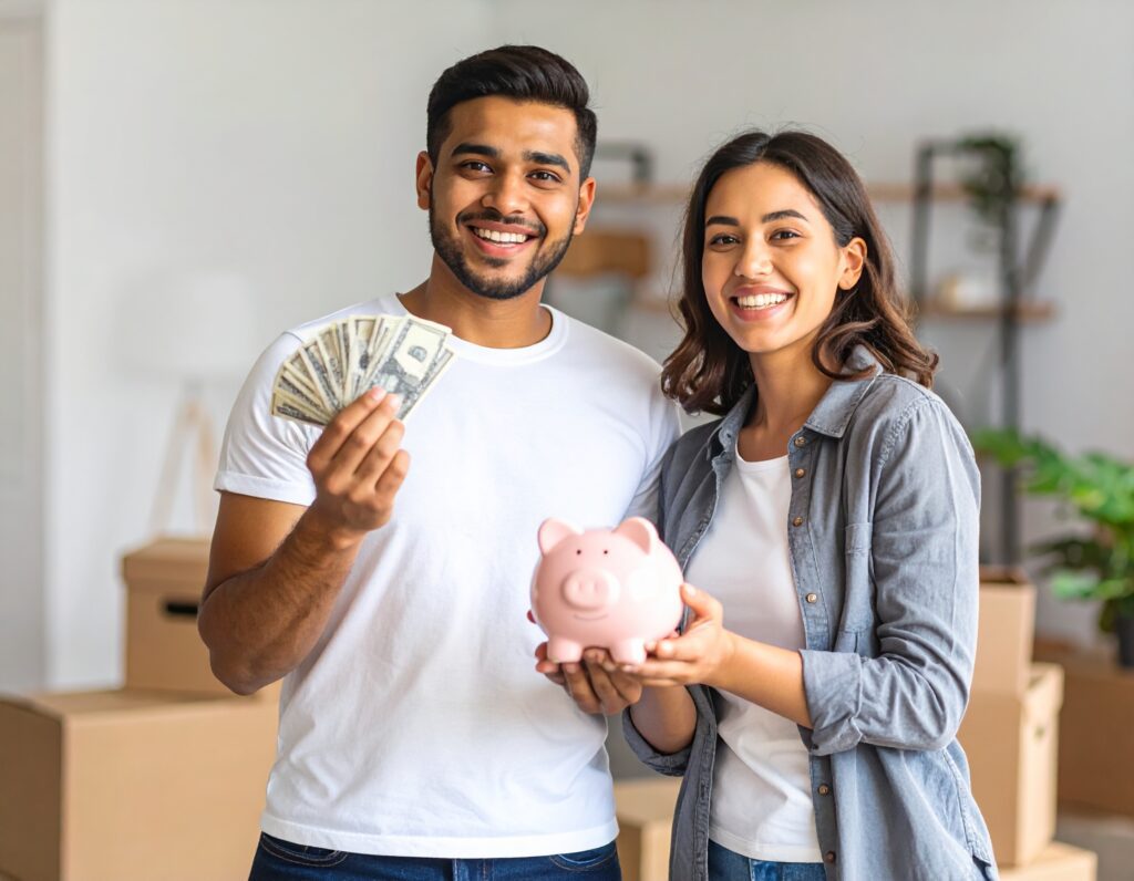 Image of happy couple moving in to an apartment holding money and a piggy bank to show they are saving money with new California security deposit laws