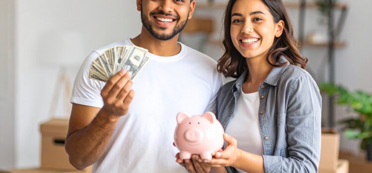 California’s New Security Deposit Law Image of happy couple moving in to an apartment holding money and a piggy bank to show they are saving money with new California security deposit laws