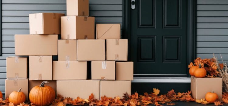 Move-out Mystery Image of moving boxes outside a house with pumpkins and fall leaves