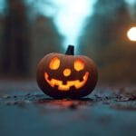 Image of a Jack-o'-lantern on a moody fall street