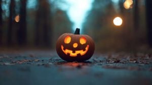 Image of a Jack-o'-lantern on a moody fall street