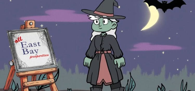 Ready For A Spellbinding Management Experience? Image of a friendly witch for a video talking about All East Bay Properties spooky good property management services