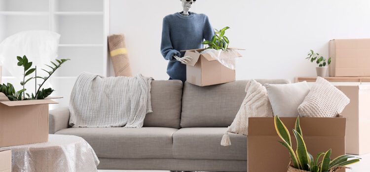 Spooky Move Ins Tenant Tips for California Rentals Human skeleton model with cardboard box near sofa in living room on moving day - spooky move ins