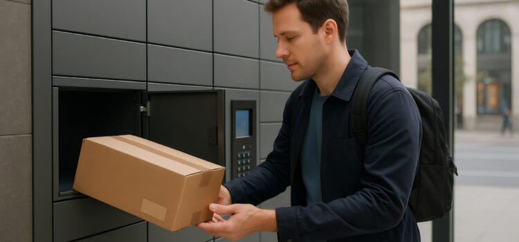 Modern package locker system in California apartment building lobby preventing package theft