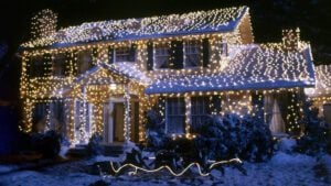 National Lampoons Christmas Vacation holiday decorations, lights on suburban house