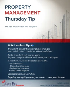 Property Management Thursday Tip graphic highlighting that improper notice delivery can invalidate enforcement actions and create compliance risk for Bay Area landlords.