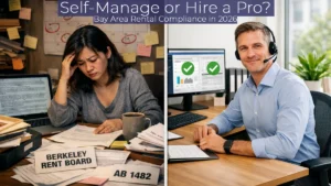Split screen comparison showing stressed female landlord surrounded by Oakland Rent Board documents and AB 1482 paperwork versus calm male property manager at organized desk with compliance software showing green checkmarks