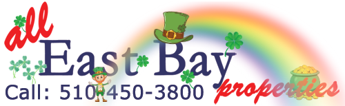 All East Bay Properties March seasonal logo featuring festive St. Patrick's day elements, green and gold color scheme, and the company name with phone number 510-450-3800. This special design celebrates luck and good fortune in East Bay real estate as we head into spring.