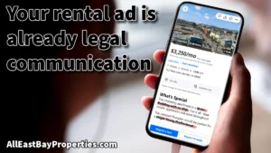 A hand holding a smartphone displaying a Zillow-style rental listing for a property in East Bay, California, with the phrases "Quiet Building with no Kids" and "Single Young Professional" underlined in red to indicate fair housing advertising violations. Headline reads: Your rental ad is already legal communication.