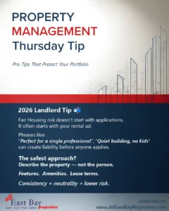 Property Management Thursday Tip graphic advising California landlords that Fair Housing risk often starts in rental advertising, emphasizing that listings must describe the property — not the ideal tenant — to reduce liability.