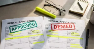 Two rental applications side by side on desk showing nearly identical tenant qualifications - left application approved with 2.6x income and 605 credit score, right application denied with 2.7x income and 610 credit score, illustrating Fair Housing screening inconsistency risk