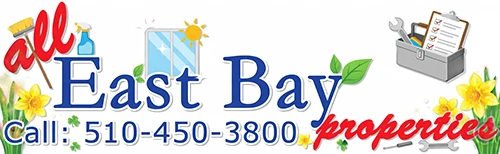 All East Bay Properties April logo featuring spring flowers, spring cleaning and a nod to this months blog theme of Habitability, Maintenance and Repairs. With phone number 510-450-3800.