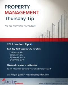 2026 East Bay Rent Caps by City: Oakland 0.8%, Berkeley 1.0%, Richmond 1.62%, Emeryville 6.3%. Wrong city's rules = void notice. Know which law governs your unit before you act.