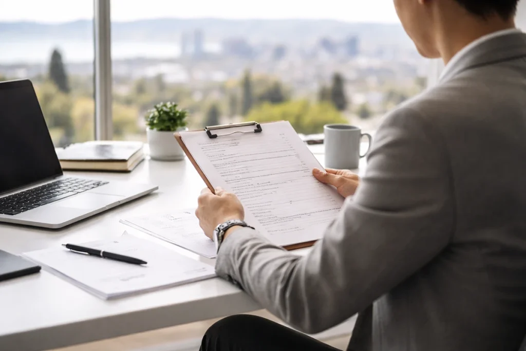 Property manager reviewing rental documents with East Bay city view