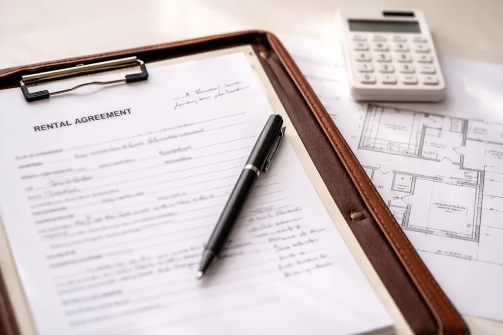 Rental lease agreement and calculator on desk for rent increase review