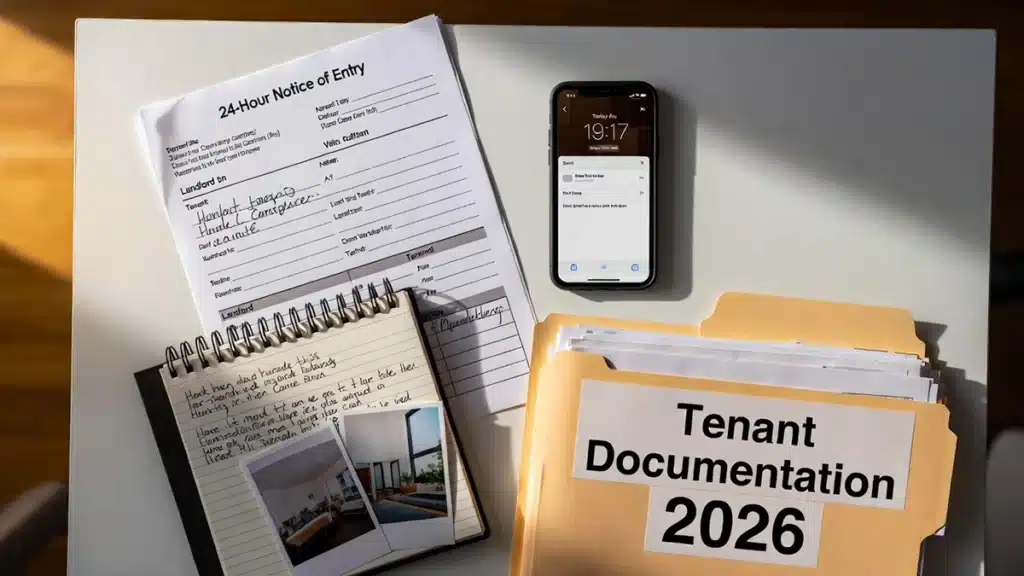 Landlord compliance documentation including a written entry notice, timestamped email, and inspection report