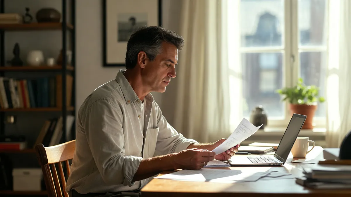 Property manager reviewing tenant repair request documentation at a desk