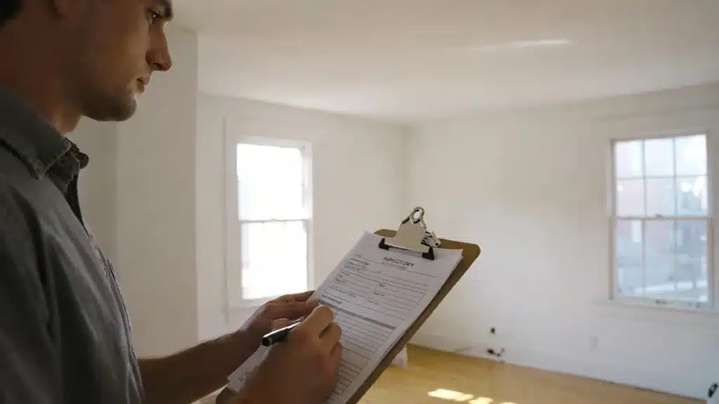 A property manager conducting a pre-move-out inspection in a vacant East Bay apartment, reviewing a clipboard checklist