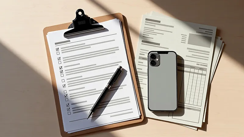 Landlord maintenance checklist, invoices, and smartphone representing a property management documentation system