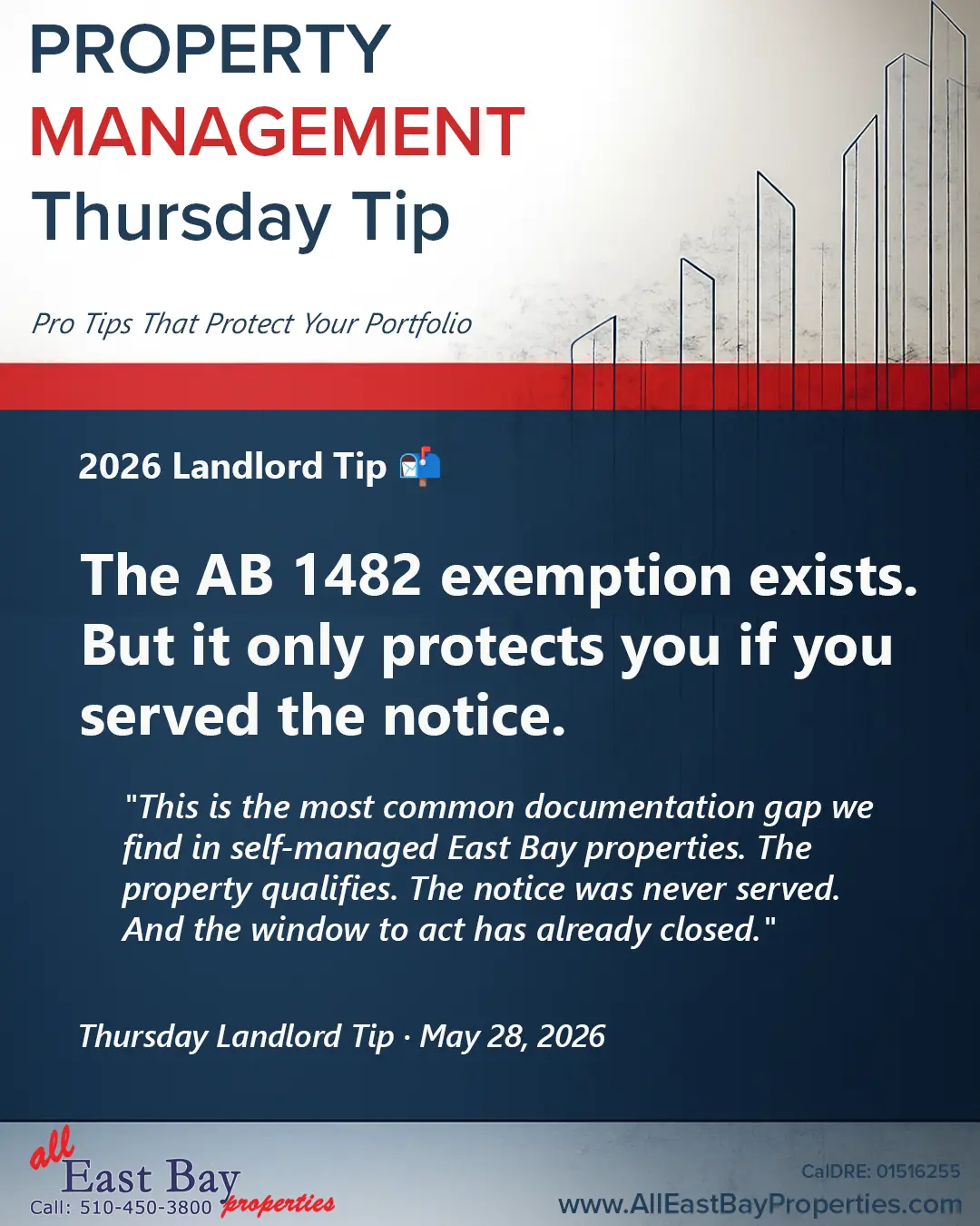Thursday Tip graphic — The AB 1482 exemption notice most East Bay landlords have never served