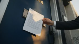 Property manager hand-delivering a California eviction notice at the front door of an East Bay apartment building