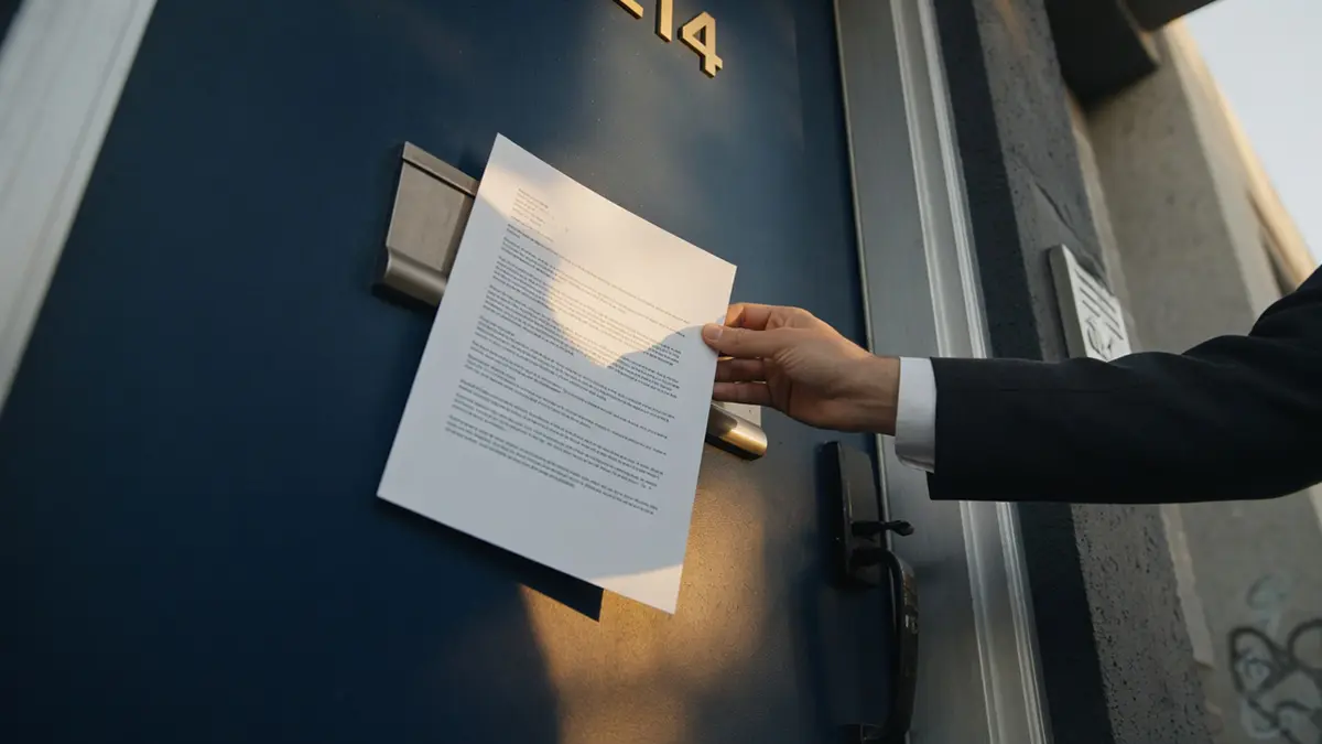Property manager hand-delivering a California eviction notice at the front door of an East Bay apartment building