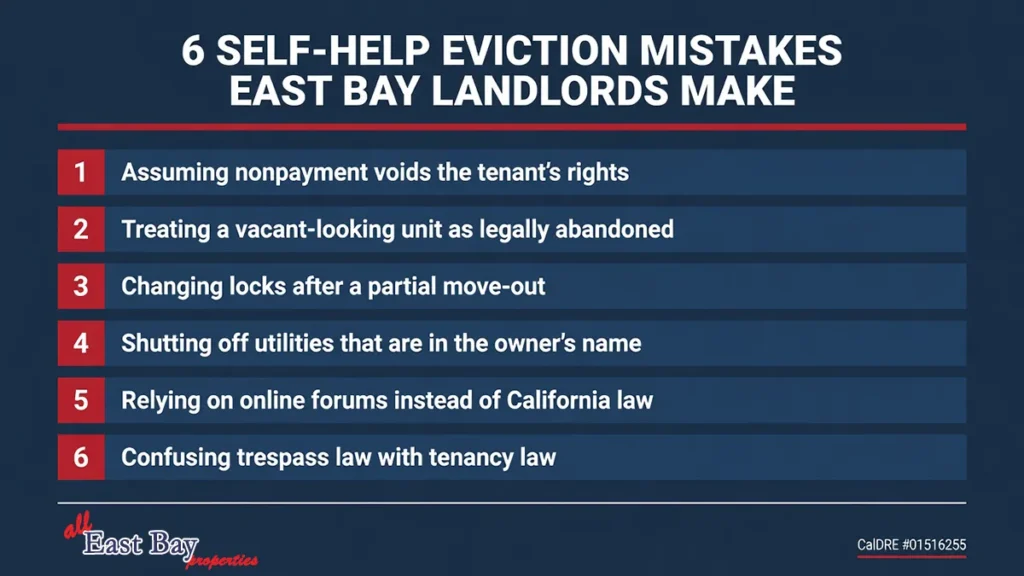 Branded AEBP graphic listing six common self-help eviction mistakes East Bay landlords make, including assuming nonpayment voids tenant rights and confusing trespass law with tenancy law
