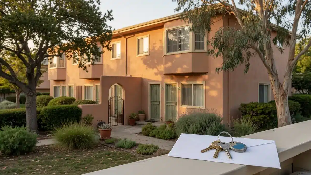 A well-maintained East Bay apartment building at golden hour, with residential keys on an envelope in the foreground — representing California security deposit compliance for landlords.