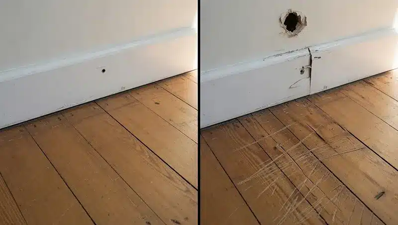 Side-by-side comparison of normal apartment wear — minor scuffs and a small nail hole — versus tenant damage including a gouge in the hardwood floor and a hole in the wall.
