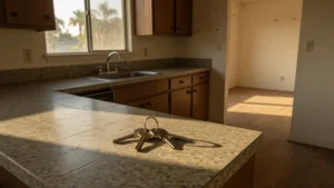 Keys on a kitchen counter in a vacant Oakland rental unit, late afternoon light through windows