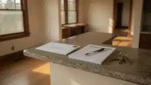 Sealed envelope on kitchen counter in vacant Berkeley rental unit, representing California's 21-day security deposit return deadline