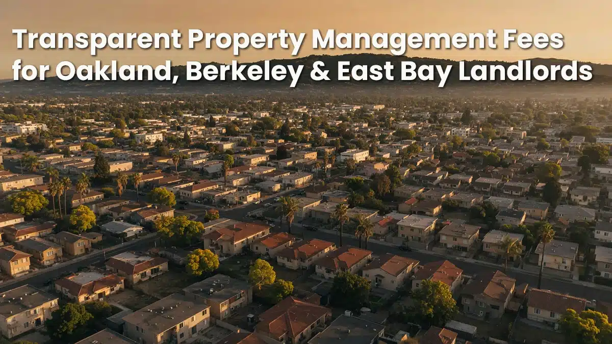 Aerial view of East Bay residential neighborhoods at golden hour — Oakland, Berkeley, and Emeryville rental properties managed by All East Bay Properties