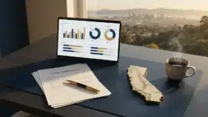 Property management dashboard, lease agreement, and Oakland skyline — East Bay landlord planning workspace