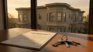 A formal legal document and residential keys on a desk with a classic Oakland Victorian apartment building visible through the window at golden hour — illustrating California just cause eviction law for East Bay landlords
