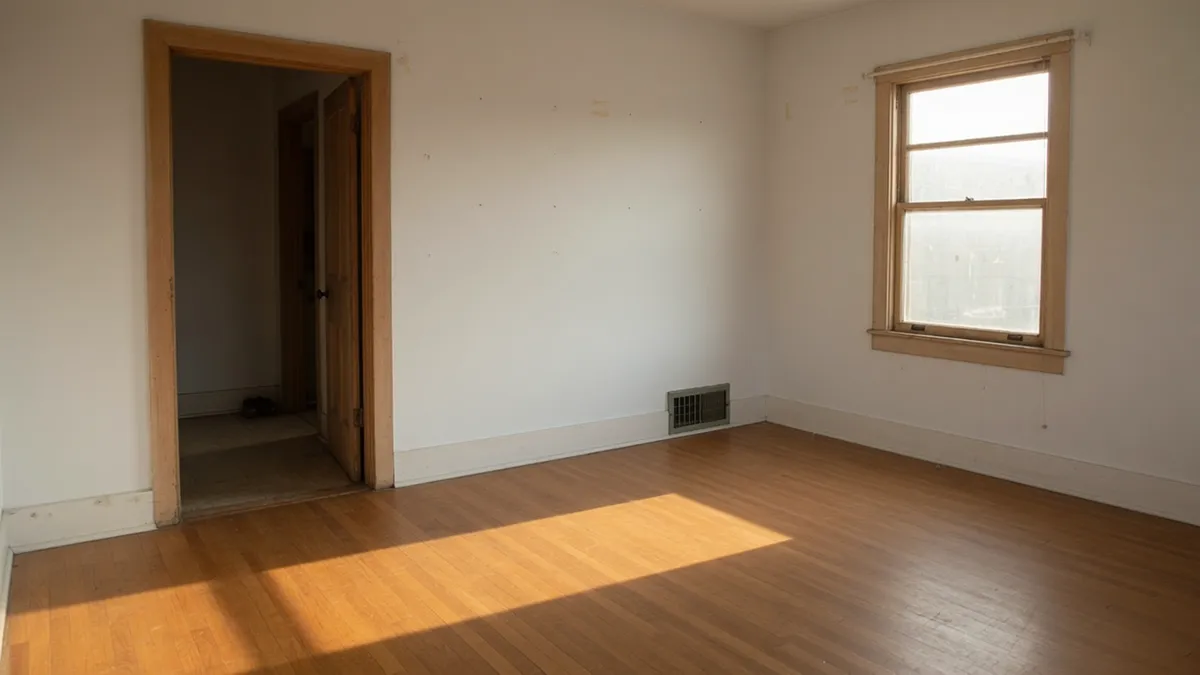 Empty East Bay apartment bedroom at move-out showing warm hardwood floors in afternoon sunlight with wood-trimmed doorway and window