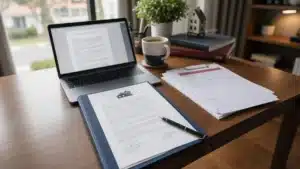 Printed property management agreement and onboarding paperwork on a desk with a pen, representing what's included in an East Bay property management contract