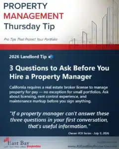 Thursday Tip graphic: 3 questions to ask before you hire a property manager — are they licensed, do they know your city's rent control rules, and do they markup maintenance costs.