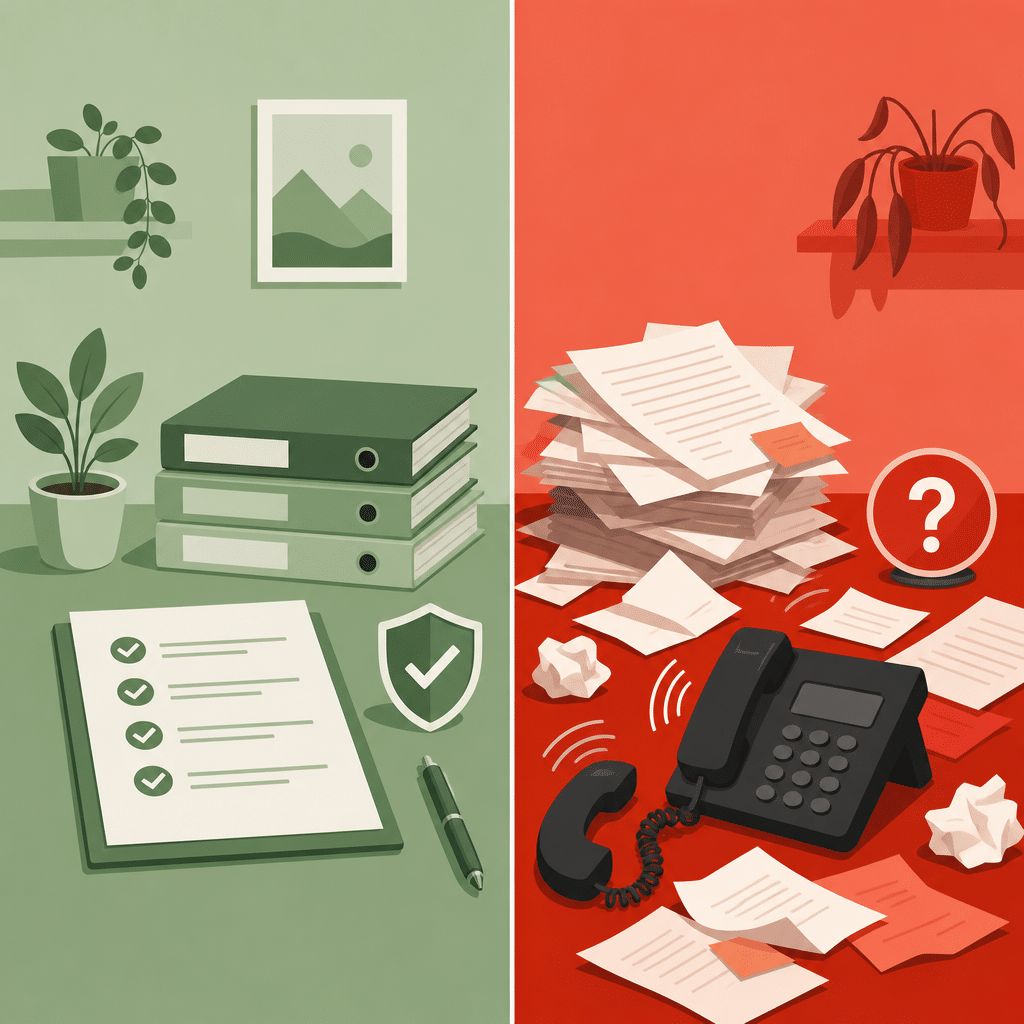 Split illustration contrasting an organized, transparent property manager with a disorganized, opaque one