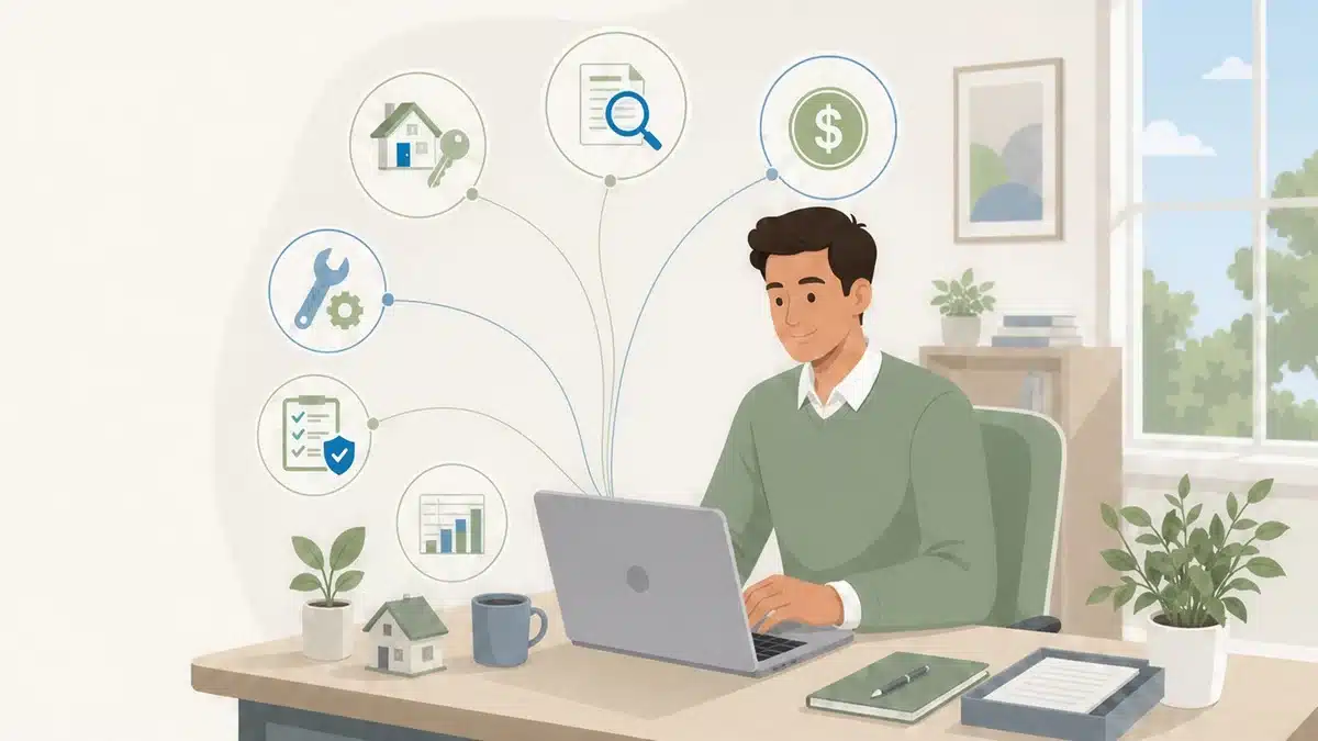 Illustration of a property manager coordinating leasing, screening, rent collection, maintenance, compliance, and accounting