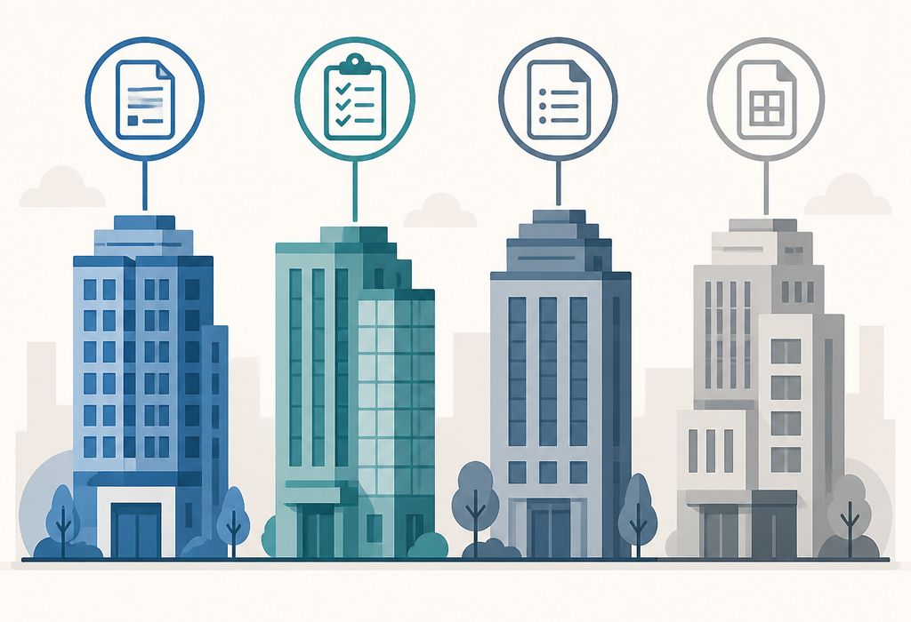 Illustration of four separate city buildings each with its own rulebook icon, representing Oakland, Berkeley, Richmond, and Emeryville's four independent rent control and registration systems