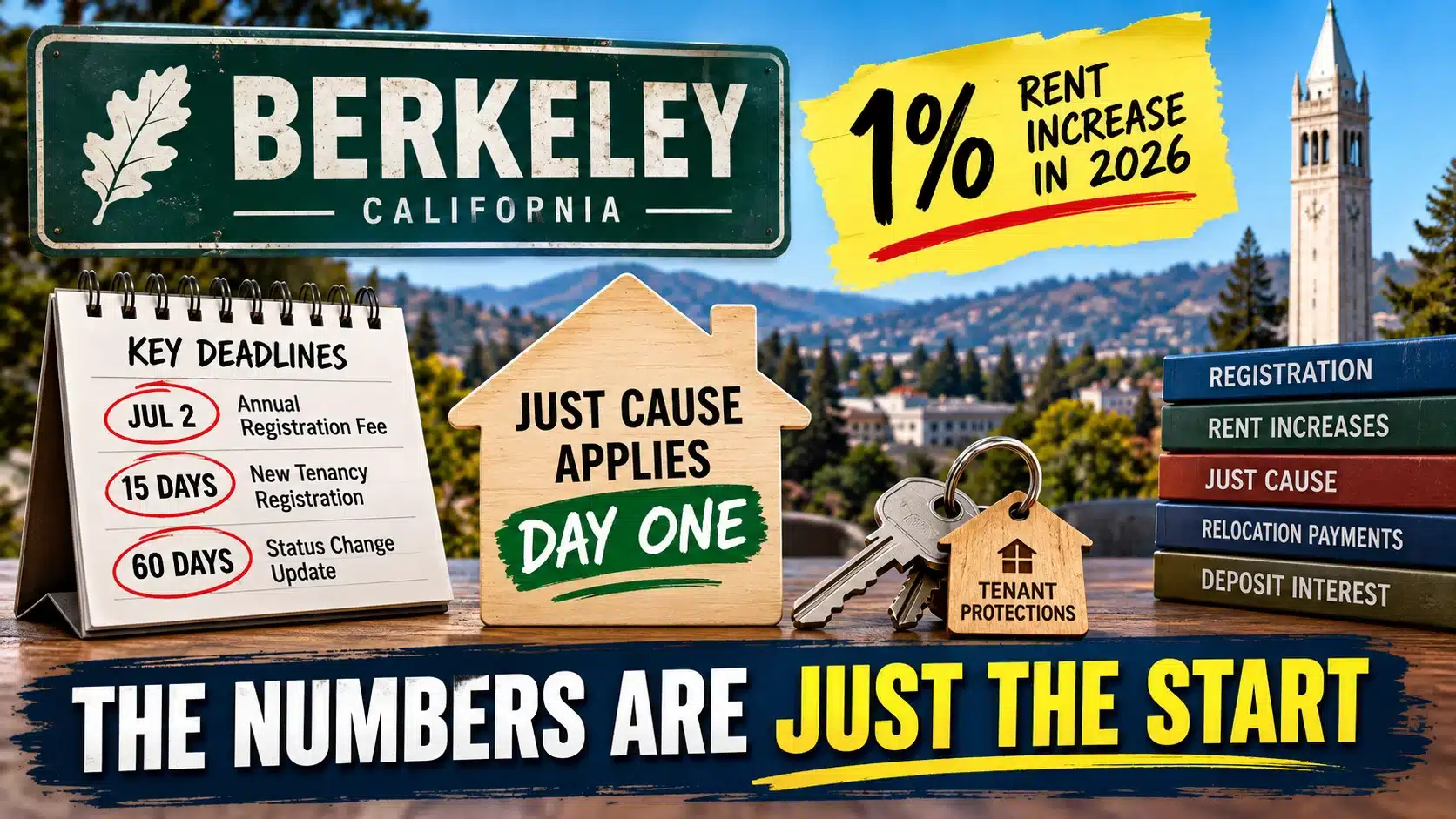 Berkeley, California street sign beside a "1% Rent Increase in 2026" callout, a Key Deadlines calendar (July 2 registration fee, 15-day new-tenancy registration, 60-day status-change update), a house cutout reading "Just Cause Applies Day One," and books labeled Registration, Rent Increases, Just Cause, Relocation Payments, and Deposit Interest