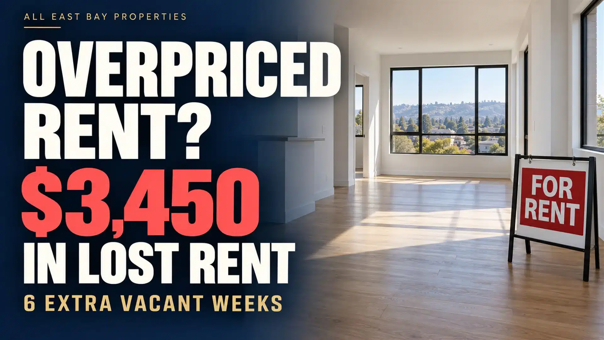Thumbnail reading "Overpriced rent? $3,450 in lost rent, 6 extra vacant weeks" beside an empty East Bay apartment with a For Rent sign