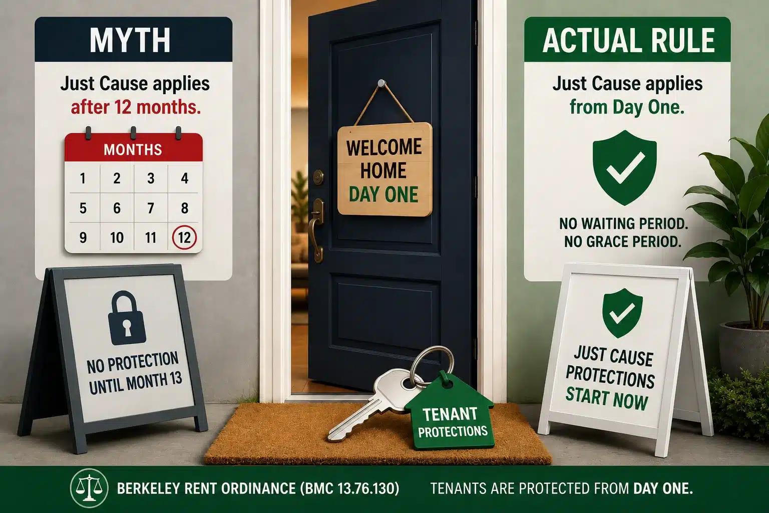 Berkeley just-cause myth vs. actual rule: eviction protections apply from day one under BMC 13.76.130, not after a 12-month wait