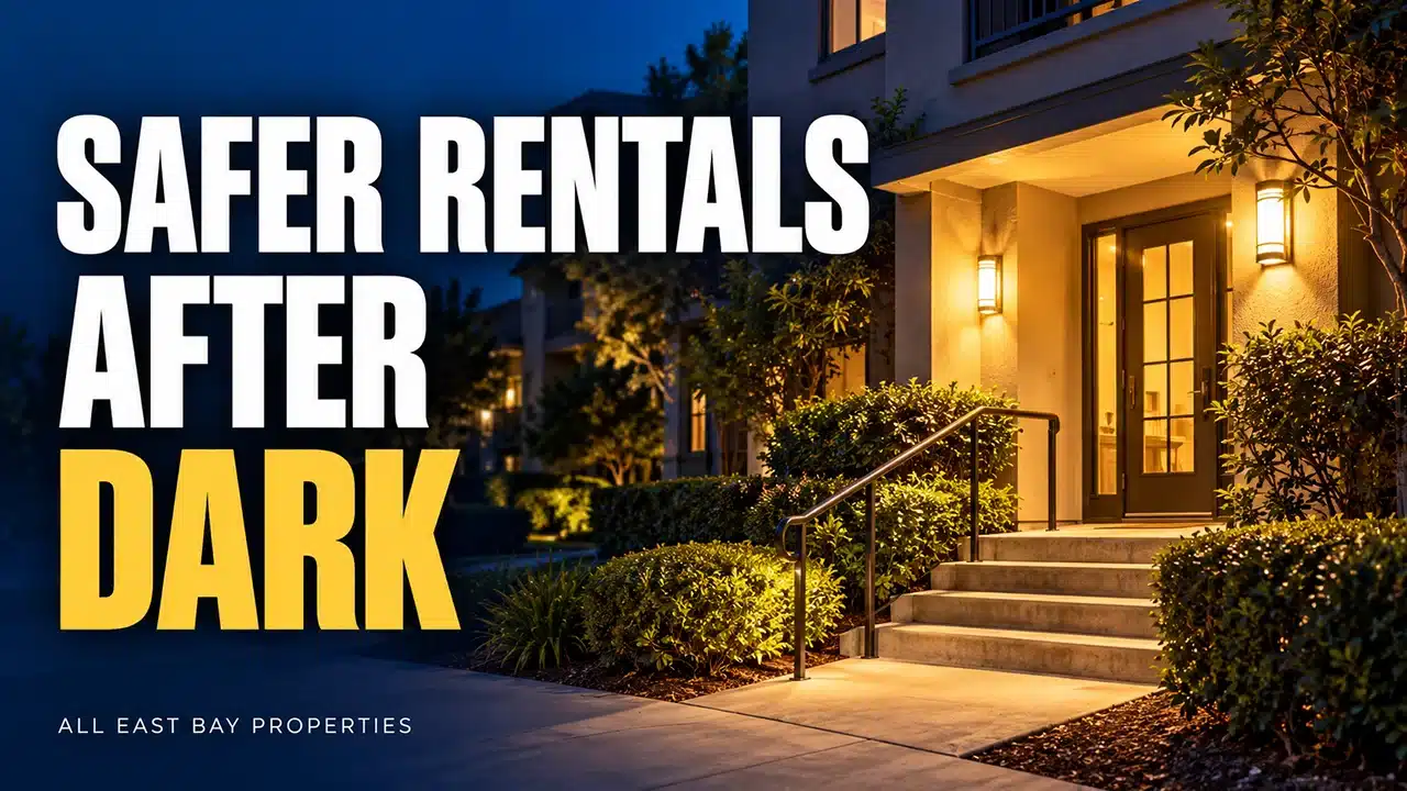 Video thumbnail: Safer Rentals After Dark, an apartment entry at night lit by wall lights, with trimmed shrubs along the steps
